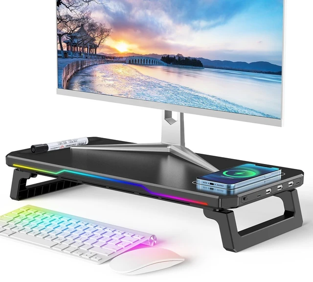 Main image of AlviCynx RGB Monitor Stand Riser with Wireless Charging and USB hub, Black