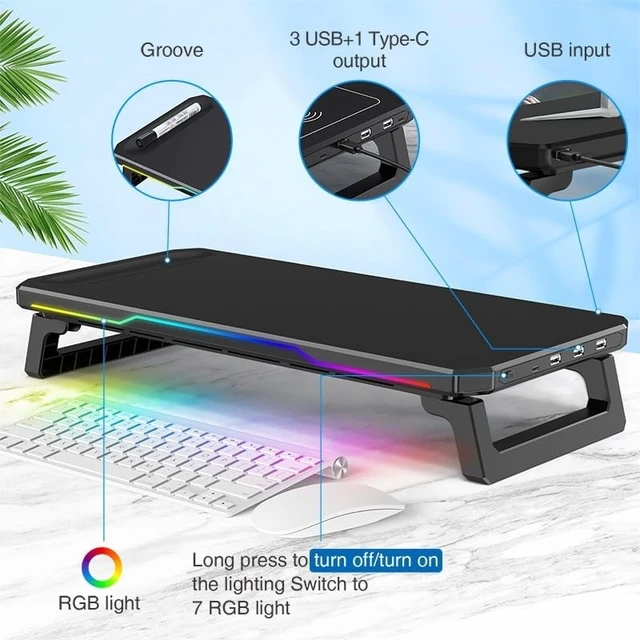 Alt view image 5 of 5 - AlviCynx RGB Monitor Stand Riser with Wireless Charging and USB hub, Black