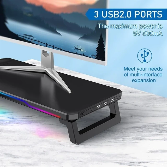 Alt view image 4 of 5 - AlviCynx RGB Monitor Stand Riser with Wireless Charging and USB hub, Black