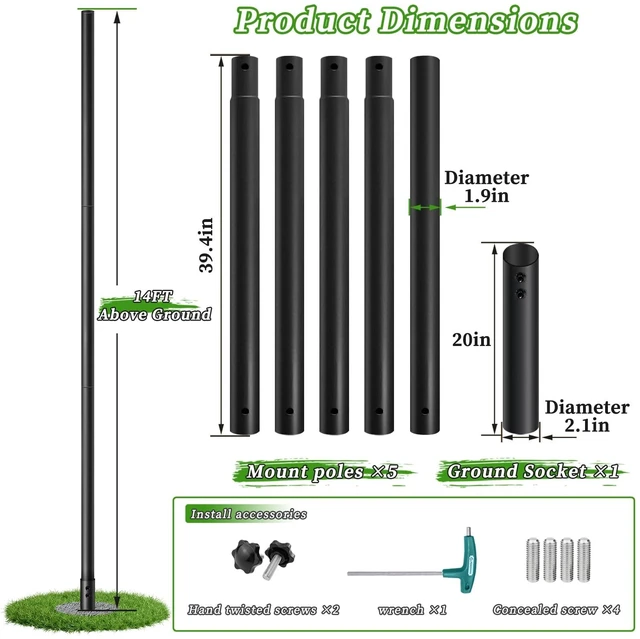 Alt view image 3 of 5 - 14FT Starlink Pole Mount,1.9" Diameter Thickened Outdoor Heavy Duty Galvanized Steel Weather Station Mounting Pole,with Bottom Fixed Bracket,Universal Size Suitable for Starlink Pipe Adapter, Black