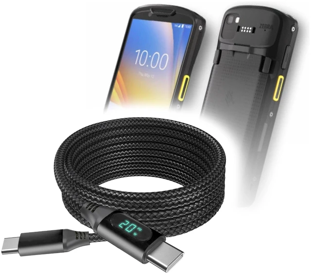 Main image of BoxWave Cable Compatible with Zebra TC53 - PowerDisplay PD Cable (6ft) - USB-C to USB-C (100W), LED Wattage Info Extra Long Braided Nylon - Jet Black