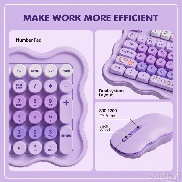 Alt view image 5 of 5 - WthGrop 2.4G Wireless Keyboard and Mouse Combo, Round Keycaps, Splash Proof, Keyboard Mouse Set for Windows, Android & Mac OS, PC Computers, Macbooks, Laptops, PL
