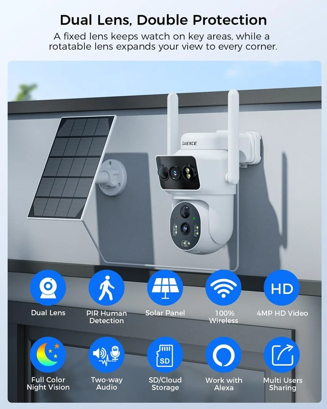 Alt view image 3 of 5 - GAIEXCE Solar Dual Lens Security Cameras Wireless Outdoor, Work with Home Dual Lens Security Camera System, 2.4G & 5G WiFi 4MP Colorful Night Vision PIR Two-Way Audio PT 360 Charge