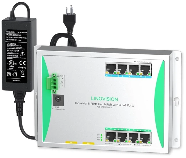 Main image of LINOVISION Industrial 8 Port Flat PoE Switch, 4 PoE+ 30W, Front-Access