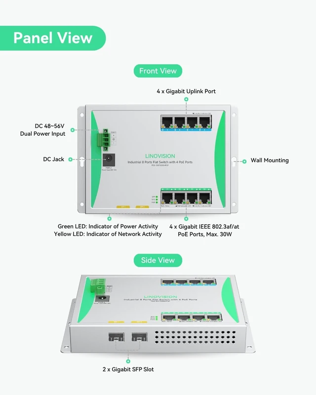 Alt view image 2 of 5 - LINOVISION Industrial 8 Port Flat PoE Switch, 4 PoE+ 30W, Front-Access