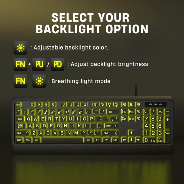 Alt view image 5 of 5 - KOPJIPPOM Large Print Keyboard - 7 Interchangeable Backlight Colors, Light Up USB Wired Computer Keyboards, USB Plug-and-Play, Foldable Stands, Corded Full Size Keyboard for Windows, PC, Laptop