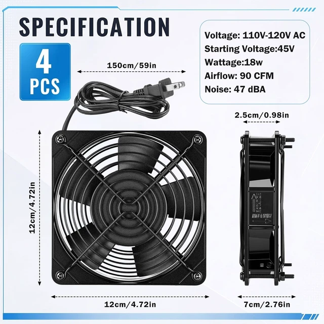 Alt view image 2 of 5 - Glooglitter 120v Ac Cooling Muffin Fans, Exhaust Fans,4 Pack,120mm*25mm