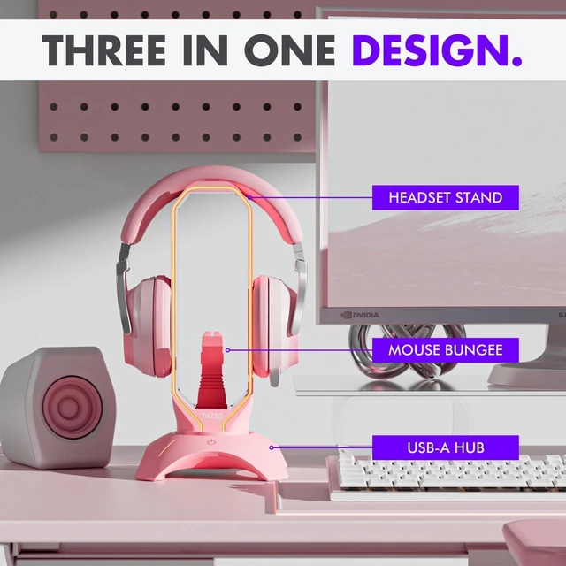 Alt view image 2 of 5 - Tilted Nation Cute Headphone Stand Pink ^^ Headset Stand with RGB, Mouse Bungee Holder, and 2 Port USB Hub Charger - Desk Gaming Accessories