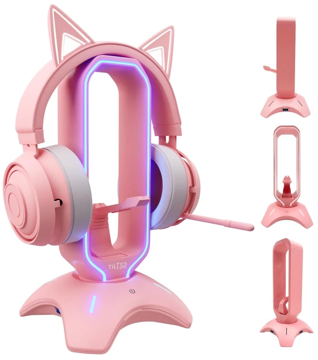 Main image of Tilted Nation Cute Headphone Stand Pink ^^ Headset Stand with RGB, Mouse Bungee Holder, and 2 Port USB Hub Charger - Desk Gaming Accessories