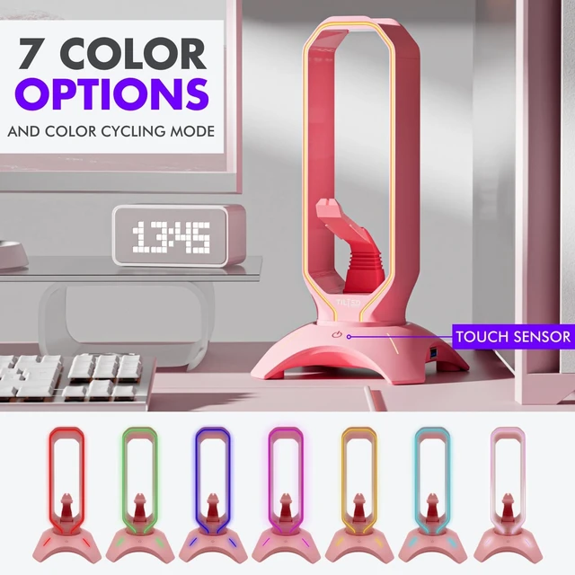 Alt view image 4 of 5 - Tilted Nation Cute Headphone Stand Pink ^^ Headset Stand with RGB, Mouse Bungee Holder, and 2 Port USB Hub Charger - Desk Gaming Accessories