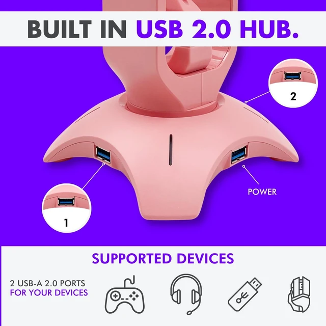 Alt view image 3 of 5 - Tilted Nation Cute Headphone Stand Pink ^^ Headset Stand with RGB, Mouse Bungee Holder, and 2 Port USB Hub Charger - Desk Gaming Accessories