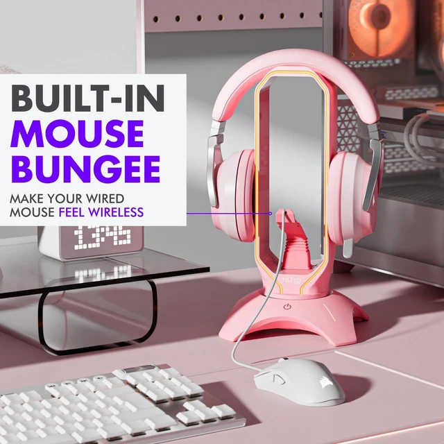 Alt view image 5 of 5 - Tilted Nation Cute Headphone Stand Pink ^^ Headset Stand with RGB, Mouse Bungee Holder, and 2 Port USB Hub Charger - Desk Gaming Accessories