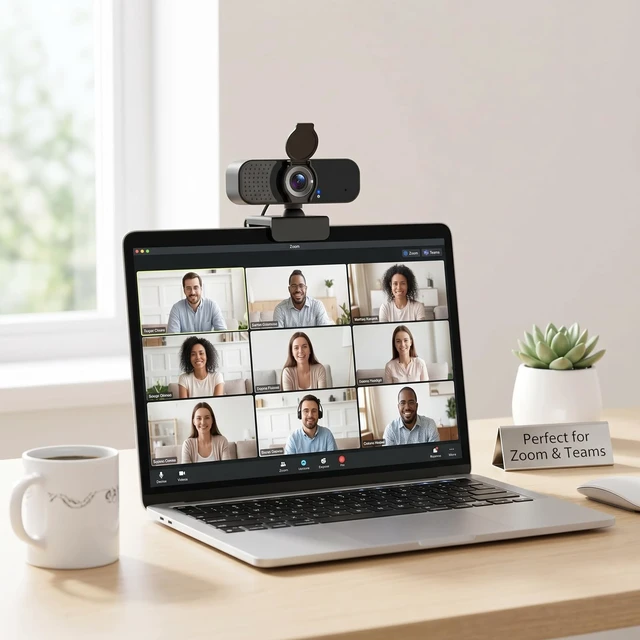 Alt view image 2 of 5 - Lusinx 1080P Webcam with Noise-Cancelling Microphone and Tripod - Computer Camera with Privacy Shutter - 110 Wide Angle - USB Plug & Play for PC Laptop - Zoom Teams Streaming