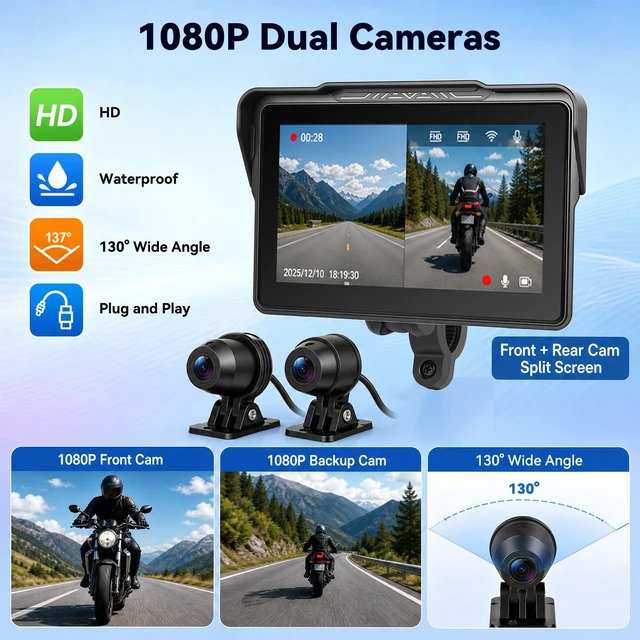 Alt view image 2 of 5 - 7" Motorcycle Carplay Screen with Dual Dash Cam