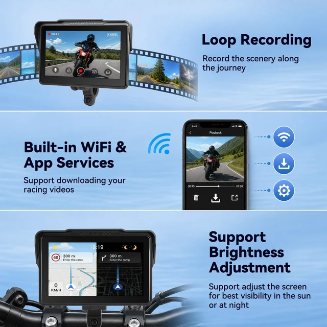 Alt view image 3 of 5 - 7" Motorcycle Carplay Screen with Dual Dash Cam