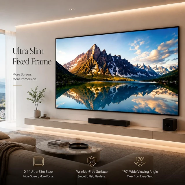 Alt view image 2 of 5 - KyxKor Fixed Frame Projector Screen 150 Inch, Matte White Home Theater Screen, 4K Ultra HD Wrinkle-Free Tension System, Wall Mounted Large Cinema Projector Screen, Wide Viewing Angle for Home Theater
