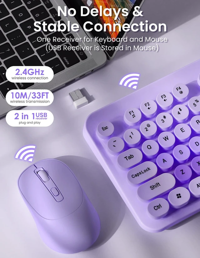 Alt view image 3 of 5 - LAMA Colorful Wireless Keyboard and Mouse Combo, Full-Sized Bluetooth Round Keyboard, Adjustable DPI Mouse, 2.4GHz USB Receiver, Silent Keyboard and Cute Mouse for PC, Windows, MAC, Desktop, La
