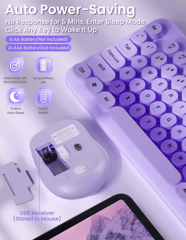 Alt view image 4 of 5 - LAMA Colorful Wireless Keyboard and Mouse Combo, Full-Sized Bluetooth Round Keyboard, Adjustable DPI Mouse, 2.4GHz USB Receiver, Silent Keyboard and Cute Mouse for PC, Windows, MAC, Desktop, La