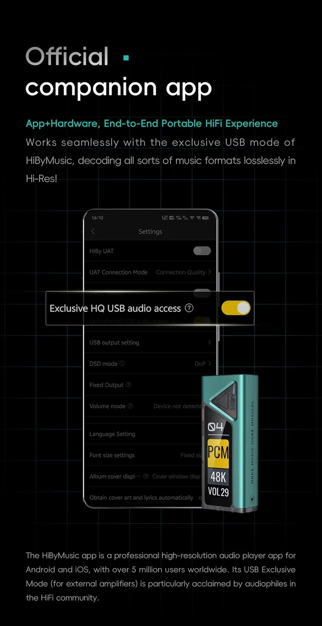 Alt view image 4 of 5 - HiBy Music FC4 Portable Balanced DAC Amplifier, Dual CS43131 DAC Chip USB C Dongle, DSD512 PCM768kHz/32Bit, MQA 8X Decoder, Parametric EQ, 3.5mm & 4.4mm Outputs with OLED Display