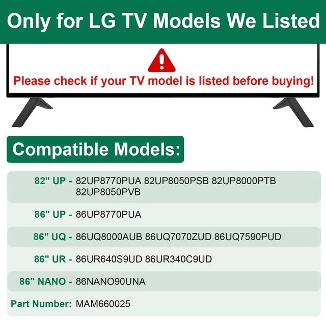 Alt view image 3 of 5 - Stand for LG TV Legs, Only for LG 82" 86" TV Models We Listed, for 82UP8770 82UP8050 82UP8000 82UP8050 86UP8770 86UQ8000AUB 86UQ7070ZUD 86UQ7590PUD 86UR640S9UD 86UR340C9UD 86NANO90UNA with Screws