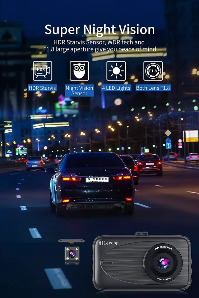 Alt view image 4 of 5 - Milerong Dash Cam with 64GB Card, Dash Cam Front and Rear