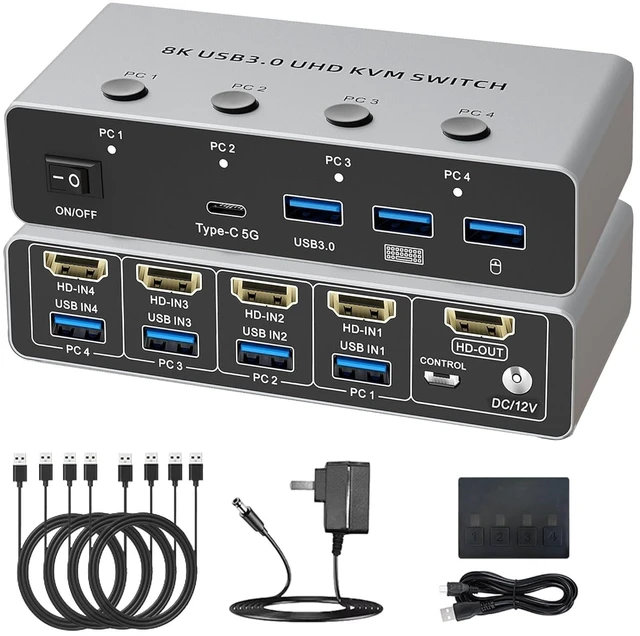 Main image of HDMI2.1 KVM Switch 4 Computers 1 Monitor, 8K@60Hz HD 4 in 1 Out, with 3 USB3.0, 1 Type C Outputs, 4 PCs Sharing Monitor, Keyboard Mouse Printer