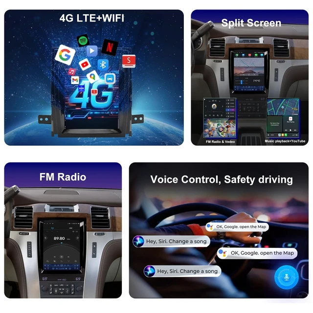 Alt view image 3 of 5 - 4G LTE QLED Radio for Cadillac Escalade 2007-2014,Touch Screen 8core Stereo Upgrade,Wireless carplay & Android Auto,Support OEM SWC,Backup Camera