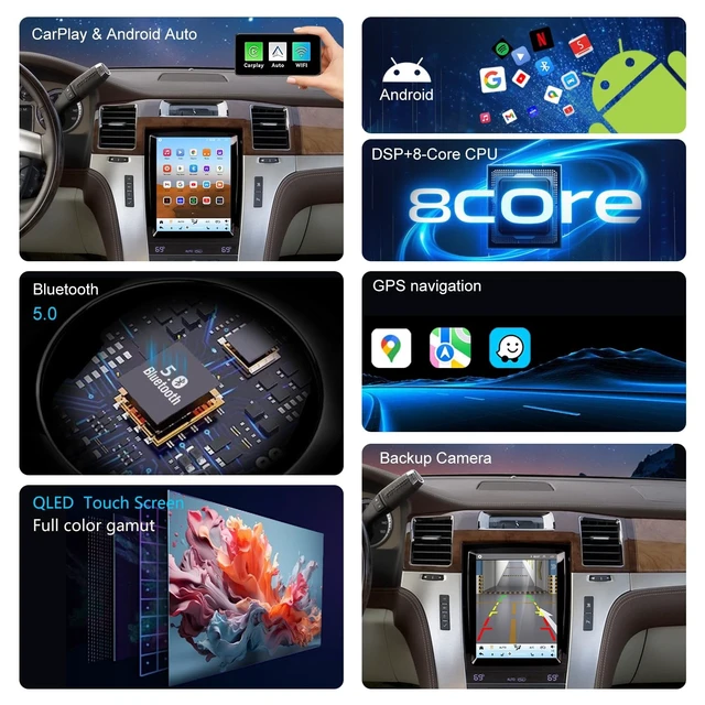 Alt view image 4 of 5 - 4G LTE QLED Radio for Cadillac Escalade 2007-2014,Touch Screen 8core Stereo Upgrade,Wireless carplay & Android Auto,Support OEM SWC,Backup Camera