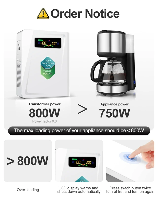 Alt view image 5 of 5 - ZHENGXI 120v to 100v Step Down Transformer 1000W Power Voltage Converters, No Noise, Ten Protection Functions,Using Japan Appliances in US