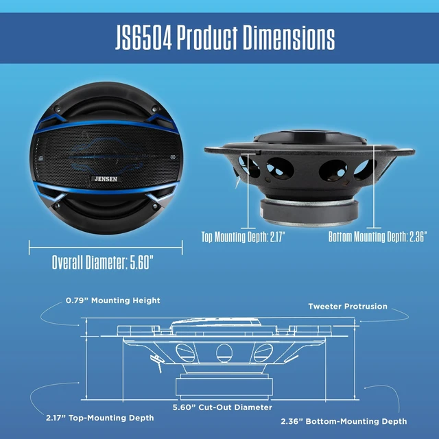 Alt view image 4 of 5 - Jensen JS6504 6.5" 4-Way Car Speakers Pair 160W Peak 40W RMS Coaxial Set