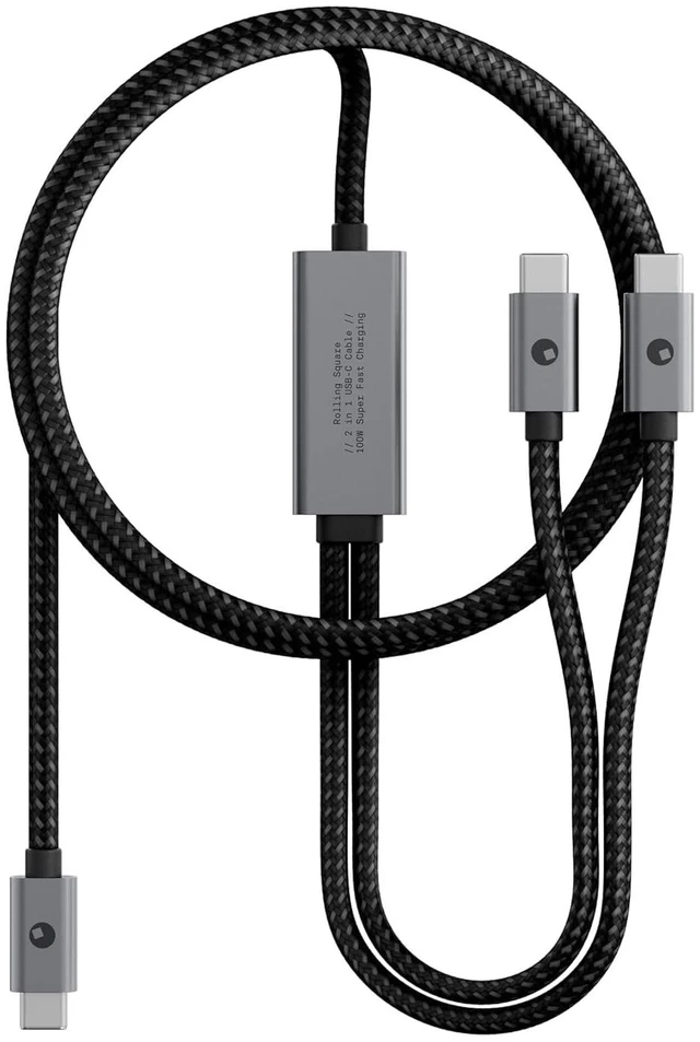 Main image of Rolling Square inCharge Cerbero - 2in1 Essential 100W USB-C Cable, Dual Output Charging Cord, Nylon Braided, 5ft, for Laptop, Phone, Tablet, Earbuds, Black