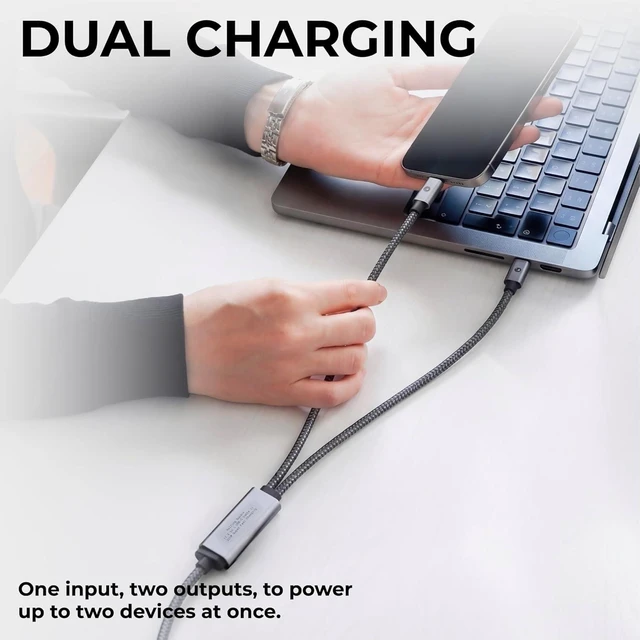 Alt view image 2 of 5 - Rolling Square inCharge Cerbero - 2in1 Essential 100W USB-C Cable, Dual Output Charging Cord, Nylon Braided, 5ft, for Laptop, Phone, Tablet, Earbuds, Black
