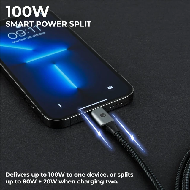 Alt view image 3 of 5 - Rolling Square inCharge Cerbero - 2in1 Essential 100W USB-C Cable, Dual Output Charging Cord, Nylon Braided, 5ft, for Laptop, Phone, Tablet, Earbuds, Black