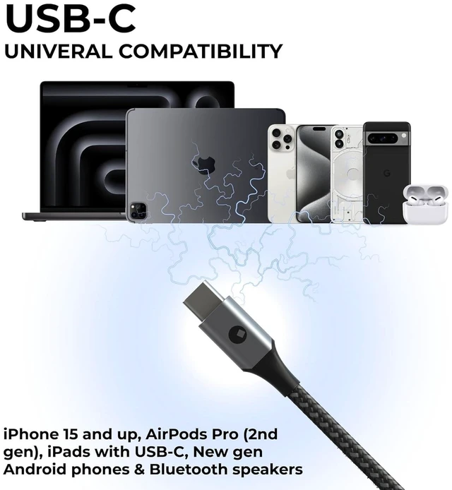 Alt view image 4 of 5 - Rolling Square inCharge Cerbero - 2in1 Essential 100W USB-C Cable, Dual Output Charging Cord, Nylon Braided, 5ft, for Laptop, Phone, Tablet, Earbuds, Black