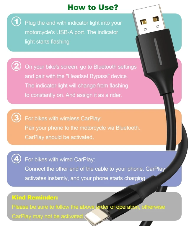 Alt view image 4 of 5 - KUYLICYMO 2-in-1 A/C Motorcycle Headset Bypass Cable for CarPlay Activation