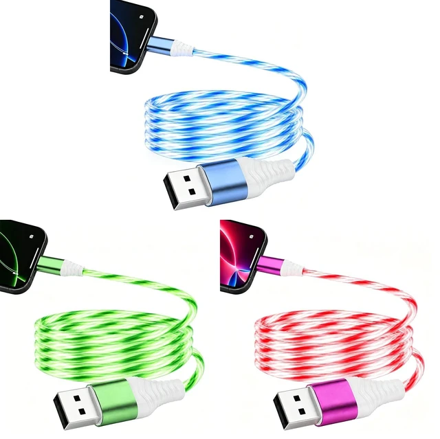 Main image of Atsidexa Flowing LED Charging Cable for Old iPhone, Light Up Charger Cord for iPhone 14/13/12/11/X, iPad, Airpods, Charge & Sync (3-Pack, 3.3FT)