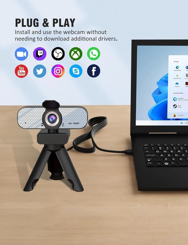Alt view image 2 of 5 - Gowzmnd HD 1080P Webcam with Built-in Microphone and Rotatable Tripod, 1080P Video and Wide Angle Camera, Privacy Cover, for Desktop PC or Laptop Computer White
