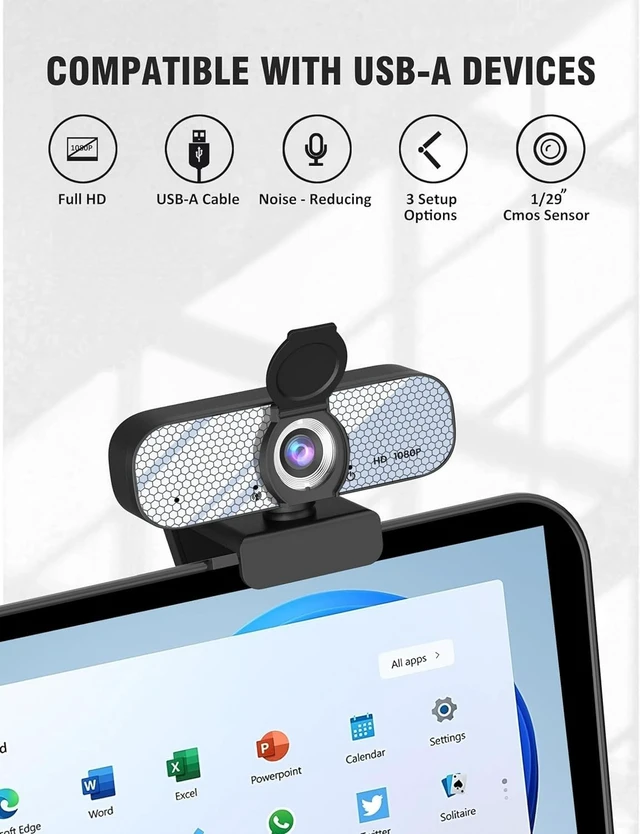 Alt view image 3 of 5 - Gowzmnd HD 1080P Webcam with Built-in Microphone and Rotatable Tripod, 1080P Video and Wide Angle Camera, Privacy Cover, for Desktop PC or Laptop Computer White