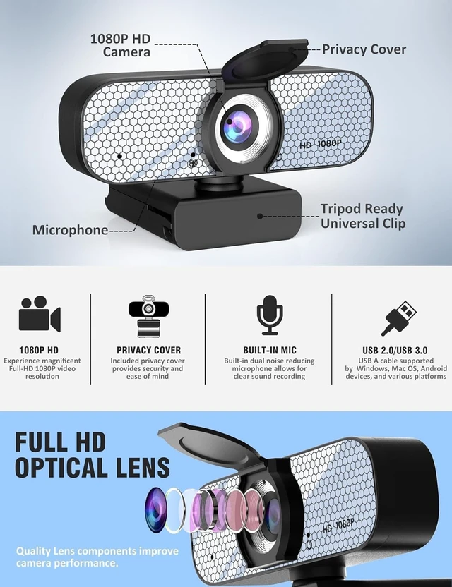 Alt view image 4 of 5 - Gowzmnd HD 1080P Webcam with Built-in Microphone and Rotatable Tripod, 1080P Video and Wide Angle Camera, Privacy Cover, for Desktop PC or Laptop Computer White