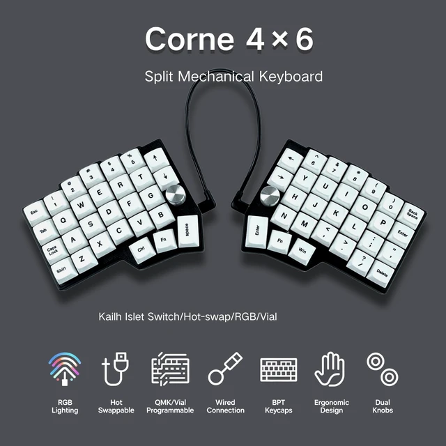 Alt view image 2 of 5 - YHOKKBD Corne 4x6 Ergonomic Split Mechanical Keyboard, 60% Layout, Dual Knob, RGB Backlight, Hot Swap MX Axis, Vial Programmable, Kailh Whale Fall Switch, for Gaming and Programmer
