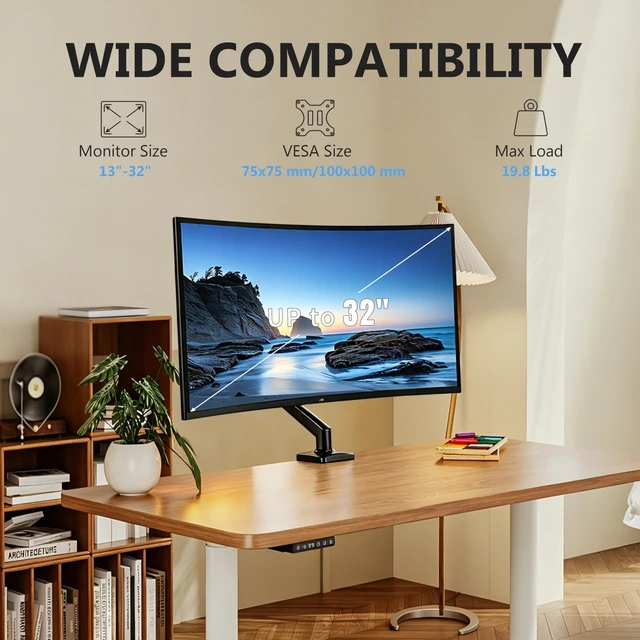 Alt view image 2 of 5 - Single Monitor Arm, Fully Adjustable Monitor Mount Fits 13-32 Inch Flat/Curved Screens, Gas Spring Monitor Desk Mount with Clamp & Grommet Base, VESA 75x75/100x100mm, Holds Up to 19.8 lbs