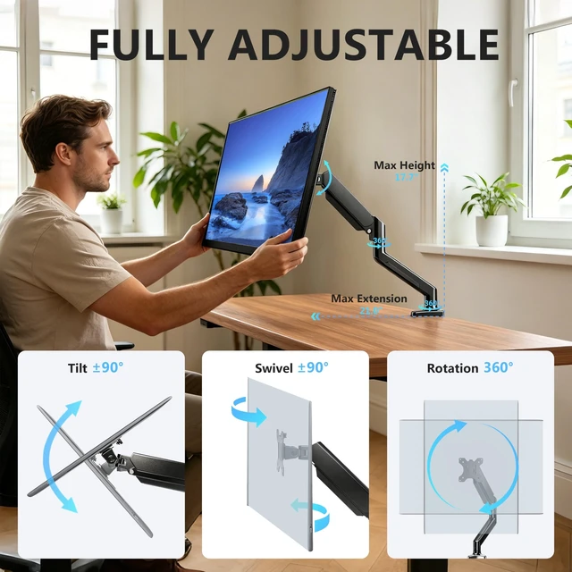 Alt view image 3 of 5 - Single Monitor Arm, Fully Adjustable Monitor Mount Fits 13-32 Inch Flat/Curved Screens, Gas Spring Monitor Desk Mount with Clamp & Grommet Base, VESA 75x75/100x100mm, Holds Up to 19.8 lbs