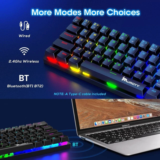 Alt view image 2 of 5 - 60% Wireless Mechanical Gaming Keyboard, Clicky Blue Switch RGB Backlit