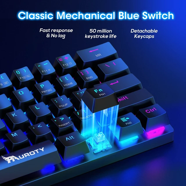 Alt view image 4 of 5 - 60% Wireless Mechanical Gaming Keyboard, Clicky Blue Switch RGB Backlit
