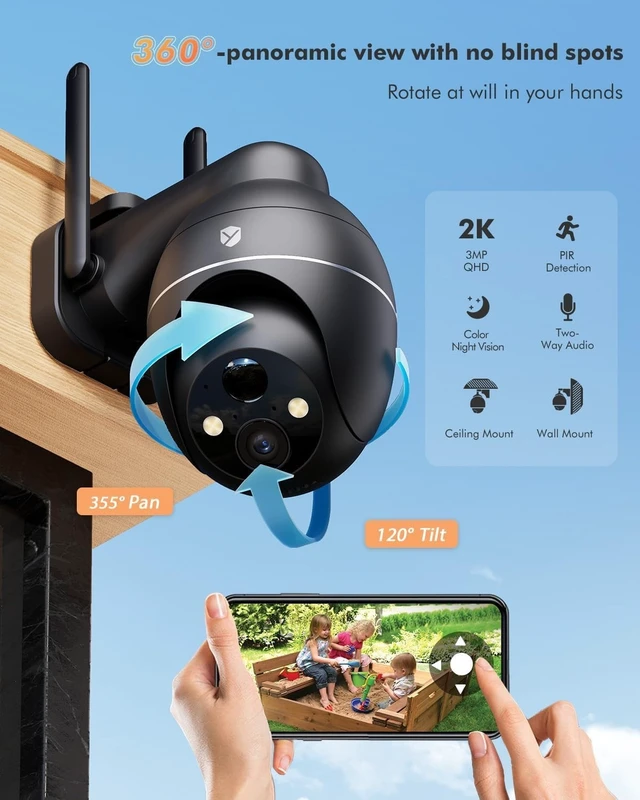 Alt view image 3 of 5 - YuCamPro Solar Security Cameras Wireless Outdoor, 360 Panoramic View for Home Security, Rechargeable Batteries, 2K Color Night Vision, PIR Human Detection, 2-Way Audio, 2.4GHz, IP66 Waterproof