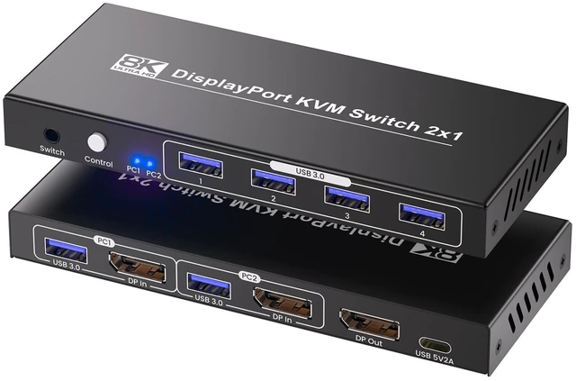 Main image of Displayport KVM Switch 1 Monitor 2 Computers, 8K@60Hz 4K@120Hz 2 Port DP KVM Switch with 4 Port USB 3.0 Hub for 2 Computers Share 1 Set of Keyboard, Mouse and 1 Monitor