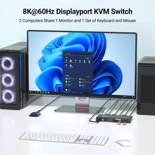 Alt view image 2 of 5 - Displayport KVM Switch 1 Monitor 2 Computers, 8K@60Hz 4K@120Hz 2 Port DP KVM Switch with 4 Port USB 3.0 Hub for 2 Computers Share 1 Set of Keyboard, Mouse and 1 Monitor