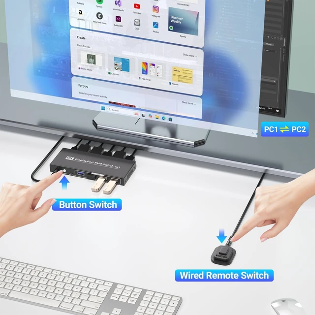 Alt view image 5 of 5 - Displayport KVM Switch 1 Monitor 2 Computers, 8K@60Hz 4K@120Hz 2 Port DP KVM Switch with 4 Port USB 3.0 Hub for 2 Computers Share 1 Set of Keyboard, Mouse and 1 Monitor