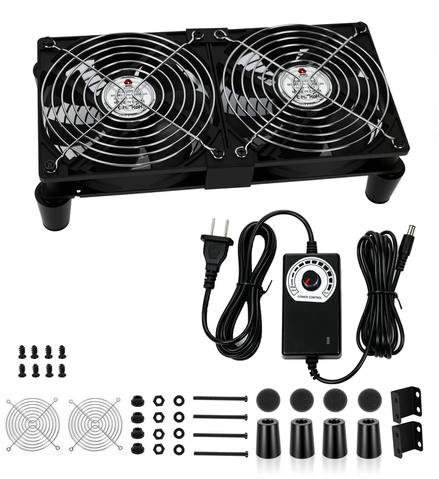 Main image of HGUOPIE 2 Pack 120mm Cabinet Cooling Fan, 166 CFM High Airflow Hydraulic Quiet Fan with Variable Speed Controller, AC 100-240V Plug & Play for Server Rack, Cabinet, NAS, Router, Greenhouse