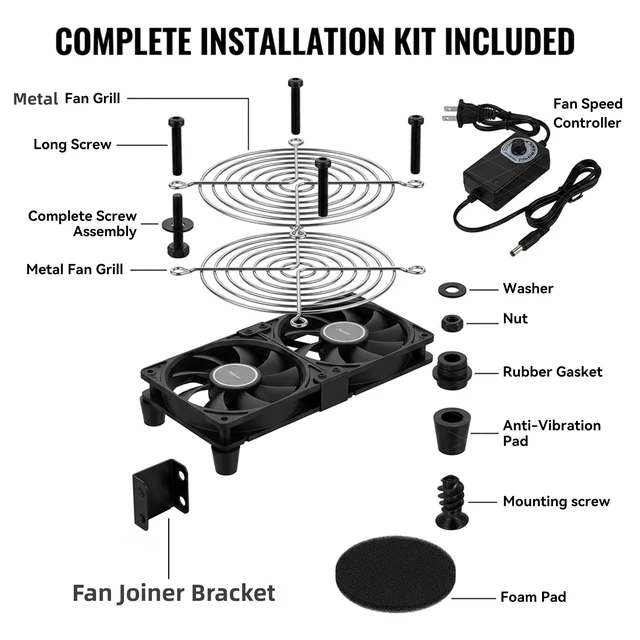 Alt view image 2 of 5 - HGUOPIE 2 Pack 120mm Cabinet Cooling Fan, 166 CFM High Airflow Hydraulic Quiet Fan with Variable Speed Controller, AC 100-240V Plug & Play for Server Rack, Cabinet, NAS, Router, Greenhouse